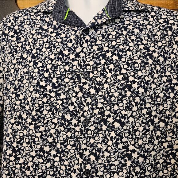 Tom Baine men's slim fit blue & white floral print button up shirt size L - Picture 5 of 13